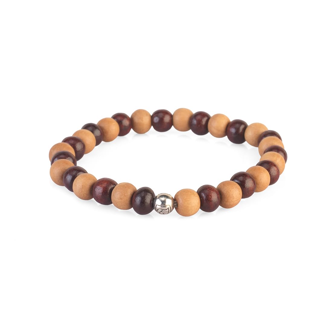 Avoirr 2 Bracelet Set – 8mm Ebonywood & White Sandalwood + White & Red Sandalwood Beads – Handmade Wooden Beaded Bracelets for Men & Women, 6–6.5 Inches Small