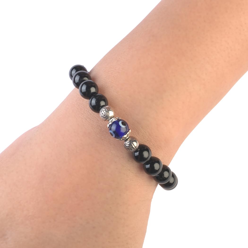 Avoirr 8mm Black Obsidian & Evil Eye Bracelet – Natural Crystal Protection Beads Jewelry for Men & Women, Handmade Stretch Bracelet, 7.5 Inches Fits Medium & Large Wrist