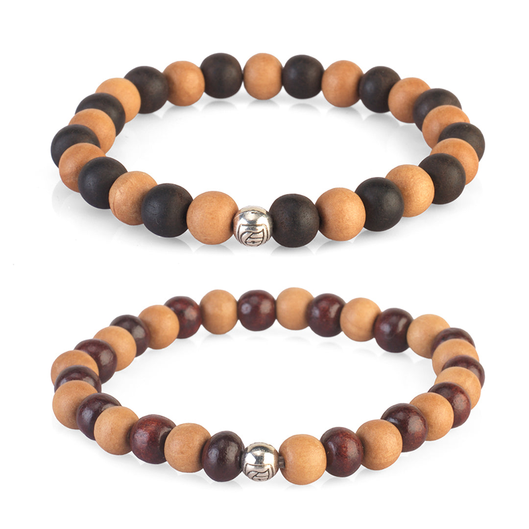 Avoirr Handmade Bracelets Set of 2 – 8mm Round Beads Ebonywood & White Sandalwood | White & Red Sandalwood Beads – Handmade Wooden Beaded Bracelets for Men & Women,  6.5 –7 Inches Medium