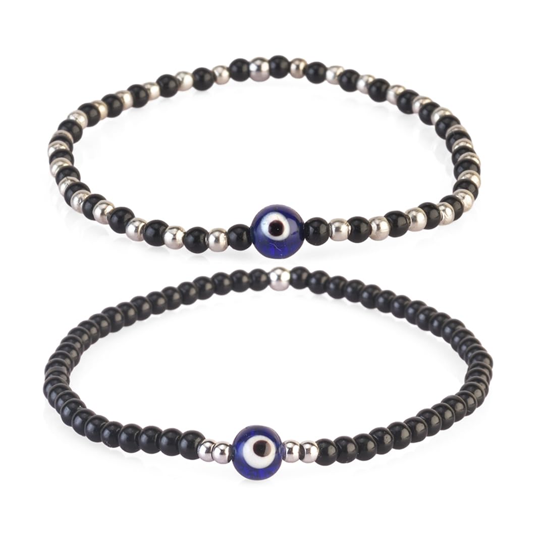 Avoirr 2 Bracelet Set – Evil Eye Protection Bracelets with 3mm Glass & Alloy Beads – Handmade Stretch Beaded Jewelry for Men & Women, Small Size 6–6.25 Inches