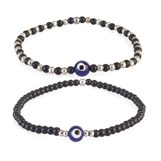 AVOIRR 2 Bracelet Set – Evil Eye Protection Bracelets with 3mm Glass & Alloy Beads – Handmade Stretch Beaded Jewelry for Men & Women, Small Size 6–6.25 Inches