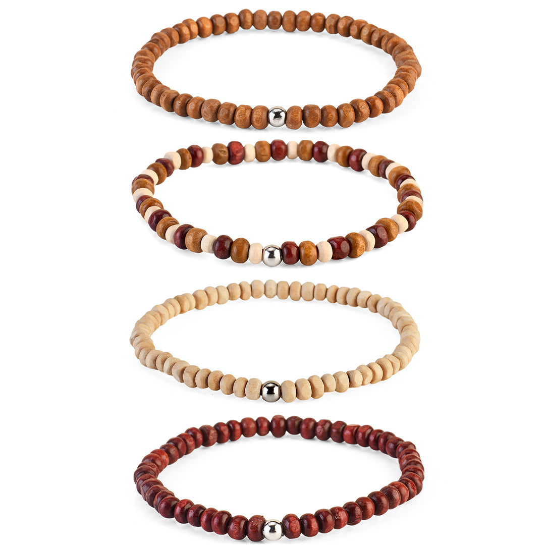 Avoirr Set of 4 Natural Wood Beaded Bracelets for Men & Women – 4mm Handmade Stretchable Wooden Beads in Natural, Tan & Maroon – Unisex Fits (7–7.5 inch)