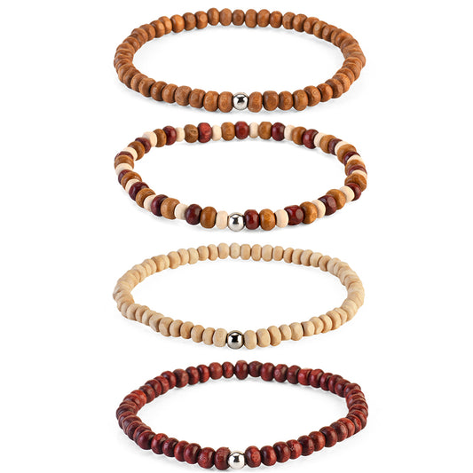 Avoirr Set of 4 Natural Wood Beaded Bracelets for Men & Women – 4mm Handmade Stretchable Wooden Beads in Natural, Tan & Maroon – Unisex Fits (7–7.5 inch)